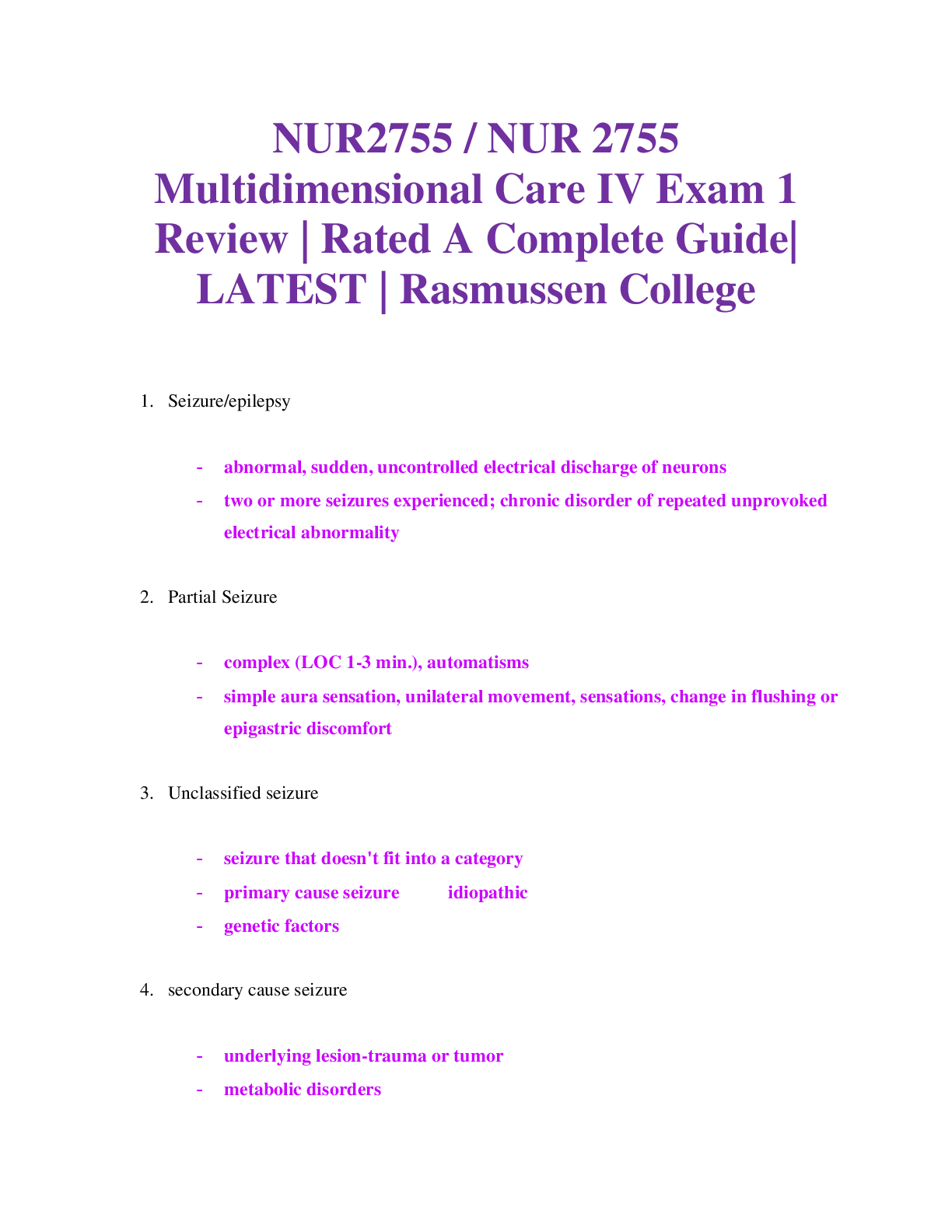Preview of NUR2755 / NUR 2755 Multidimensional Care IV Exam 1 Review | Rated A Complete Guide| LATEST
